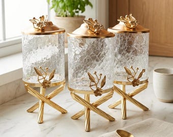 Gold Floral Glass Canister Set – Elegant Kitchen Storage, 3-Piece