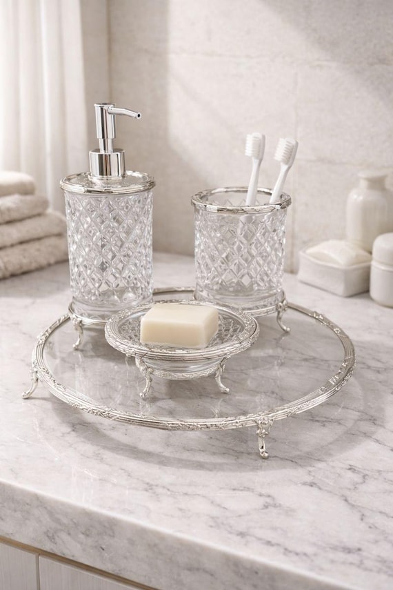 Kristall Badezimmer Zubehör Set, Vintage Style Seifenspender, Zahnbürstenhalter, Waschtisch Tablett, Badezimmer Dekor