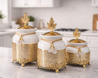 3-Piece Gold Tone Coffee & Tea Storage Canister Set – Ceramic Kitchen Organizers for Pantry Countertop