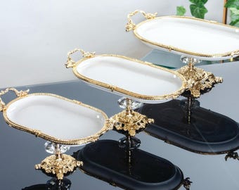 Porcelain Service Plate, Gold Silver Metal Serving Tray, Elegant Table Decor
