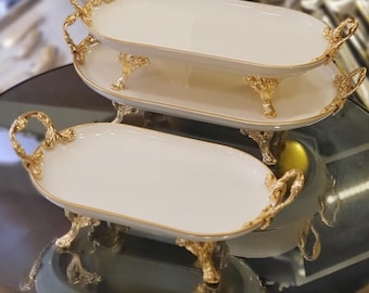 Goudzilver ovaal dienblad – vintage decoratieve schotel voor taarten, hapjes en keukendecor