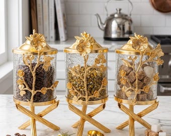 Luxury Glass Jar with Gold Floral Accents - Decorative Canister with Stand