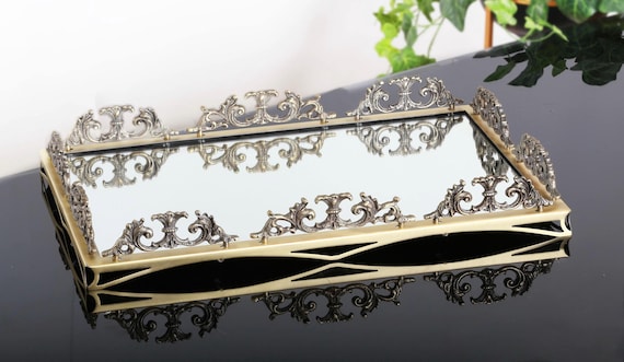Vassoio Vintage Nero Hanna Roberts Con Base In Vetro A Specchio - 31x19x3 Cm - Gotico/Dark