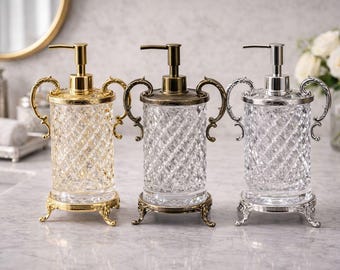Liquid Soap Dispenser, Glass Soap Pump for Bathroom & Kitchen, Modern Countertop Soap Dispenser, Gold Silver Antique Bathroom Decor