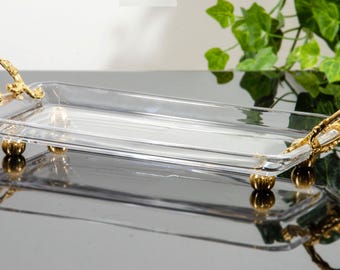 Glass Serving Tray with Gold Metal Handles – Elegant Home Decor