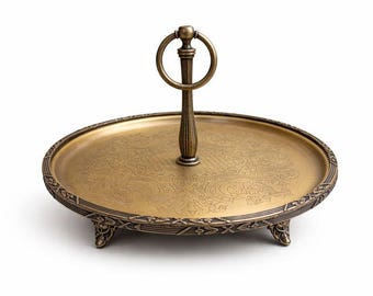 Antique Brass Cake Stand, Engraved Metal Dessert Plate with Handle