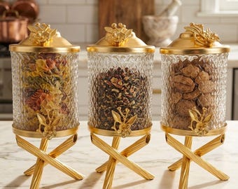 Gold Glass Canisters for Tea, Coffee, and Sugar Storage – Elegant Kitchen Decor Set
