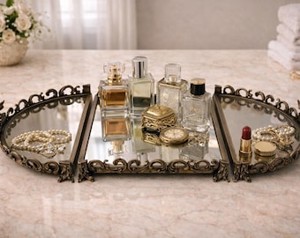Antique Mirrored Tray, Stainless Steel Perfume Stand, Vanity Tray, Elegant Tabletop Decor