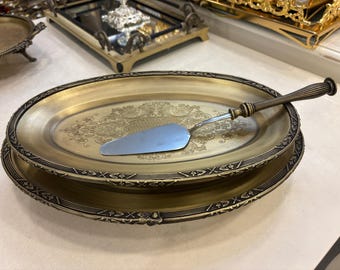 Antique Oval Serving Tray, Vintage Stainless Steel Perfume Stand, Vanity & Table Decor