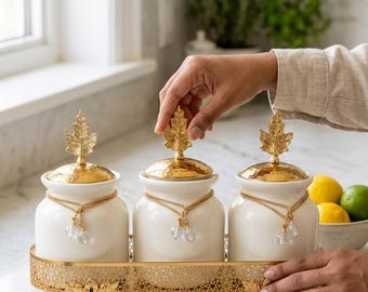 Porcelain Canister Set • Gold Leaf Accents, Kitchen Storage