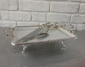 Elegant Cake Serving Set, Gold/Silver Knife, Spatula & Tray
