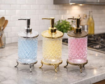Glass Liquid Soap Dispenser, Metal Pump, Modern Bathroom Decor