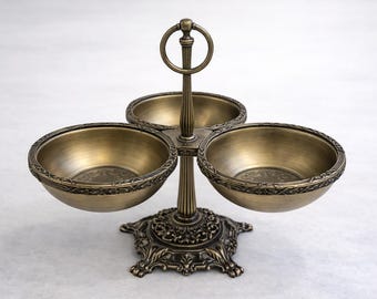Vintage 3-Bowl Serving Stand | Elegant Metal Condiment Server