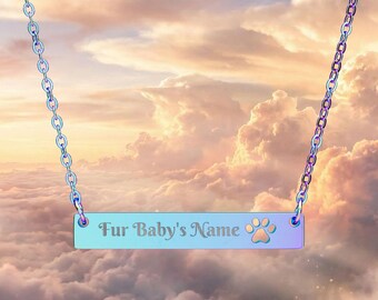 Paw Cutout Engraved Name Bar Necklace | Personalized Pet Paw Pendant, necklace, dog, fur baby, puppy, heaven, pet name, customizable jewelry