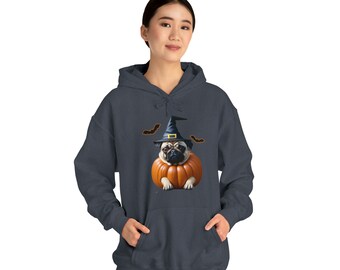Halloween Pug Pumpkin Sweatshirt, Witch Hat Dog Gift