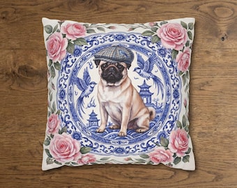 The Chinoiserie Pug: Heirloom Velveteen Throw Pillow Sophisticated Blue & White Porcelain Medallion | Grandmillennial English Country Style
