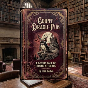 May include: A vintage-style book cover with the title "Count Dragu-Pug." The cover features a pug dressed as a vampire, a castle, bats, and the text "A Gothic Tale of Terror & Treats." The book has a maroon cover with gold accents.