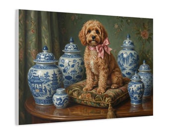 The Chinoiserie Cavapoo: Heirloom Watercolor Canvas Art | Sophisticated Blue & White Porcelain Decor | Grandmillennial English Country Style
