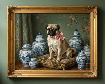 The Chinoiserie Pug: Heirloom Watercolor Canvas Art | Sophisticated Blue & White Porcelain Decor | Grandmillennial English Country Style