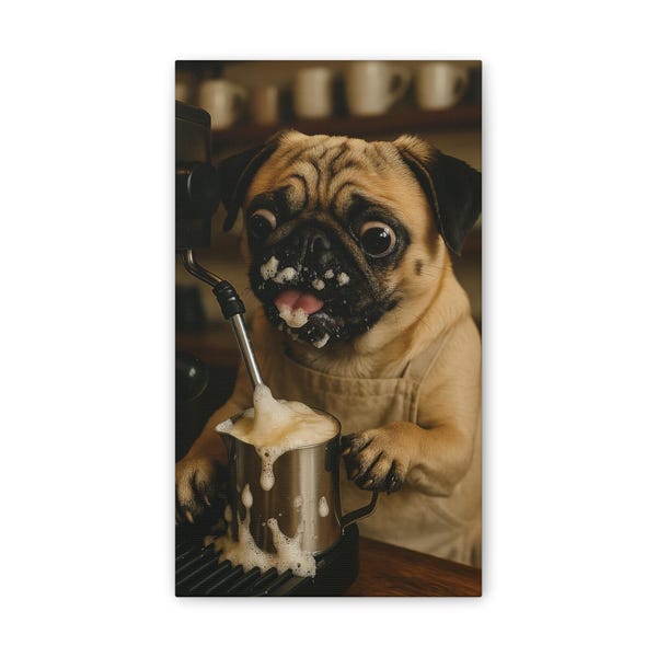 Lienzo impreso de carlino barista, arte de pared para mascotas amantes del café