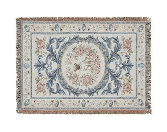 Grandmillennial Pug Woven Throw Blanket - Chinoiserie Ginger Jar Heirloom Cotton Tapestry - Blue and White Preppy Dog Mom Decor  100% Cotton