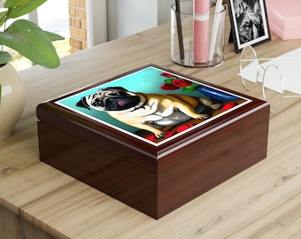 Valentine Pug Glossy Wood Jewelry Box, Dog Lover Gift