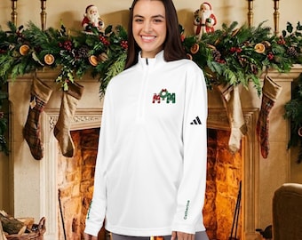 adidas personalized Mom Christmas Quarter-Zip Pullover, holiday sweater, seasonal wear, custom name, embroidered name, mom xmas logo