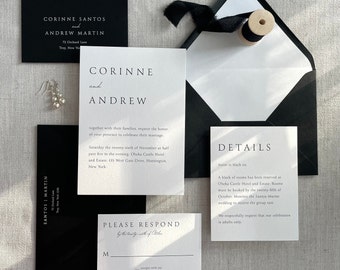 May include: Black and white wedding invitation suite with a simple design. The invitation card features the names Corinne and Andrew, the date and location of the wedding, and a request to RSVP by the tenth of October. The details card includes information about attire, hotel accommodations, and a request for an adult-only celebration.
