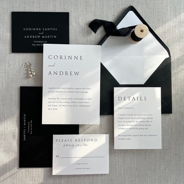 Six-Piece Black and White Modern Wedding Invitation Suite