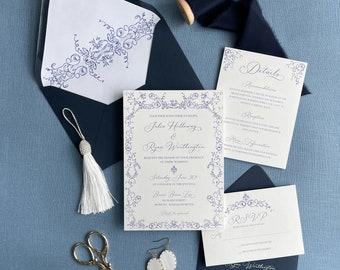 Six-Piece Blue Flourish Wedding Invitation Suite