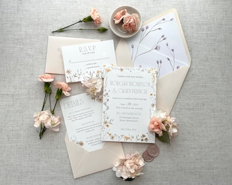 May include: Wedding invitation suite with a floral design. The invitation features a white background with a floral border and the text "Together with their families, Morgan Thompson & Casey French invite you to celebrate their marriage June 28, 2025 Five o'clock in the evening The Crin Parker Hotel 115 Huntington Avenue Boston, Massachusetts RSVP by the 20th of May"