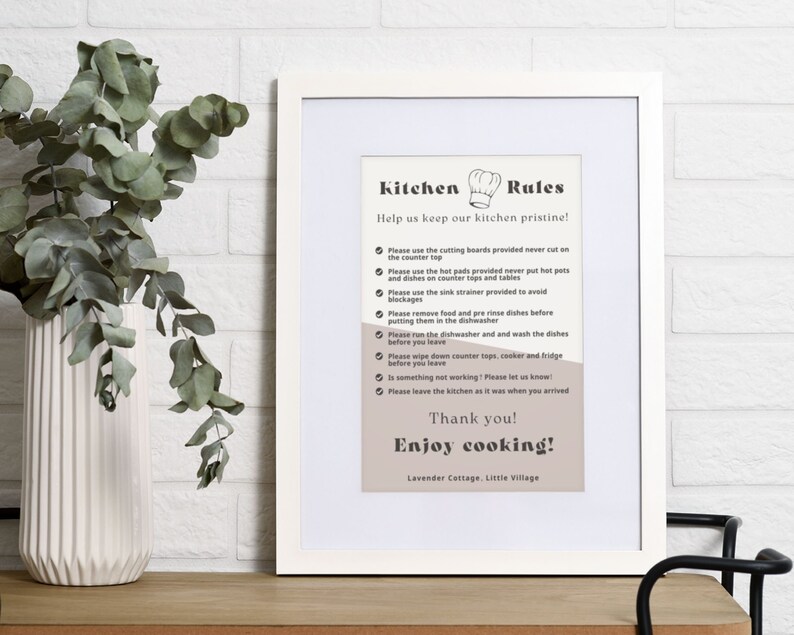 Kitchen Rules Sign for Airbnb and Vacation Rentals, Kitchen Rules ...