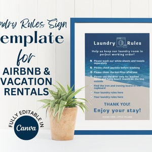 Airbnb Laundry Sign, Beach House Laundry Rules Sign for Airbnb Hosts - Editable Canva Template for Vacation Rentals - Printable VRBO Sign