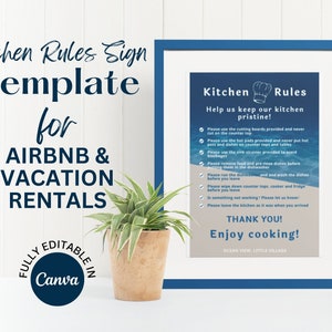 Editable Kitchen Rules Sign Template for Airbnb and VRBO with Beach House Style Design - Easy to Customize in Canva, Airbnb sign template