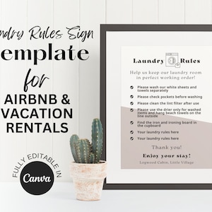 Airbnb laundry rules sign, editable laundry room sign template, cabin style Airbnb sign, printable sign download, vacation rental sign