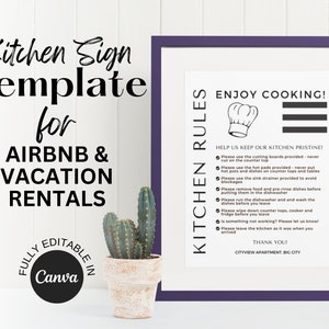 Kitchen rules sign, Airbnb kitchen rules poster, editable Canva template, Airbnb sign, printable sign template, vacation rental sign