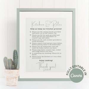 Kitchen rules sign for Airbnb and vacation rentals sage green kitchen rules poster, editable Canva template, printable Airbnb sign template