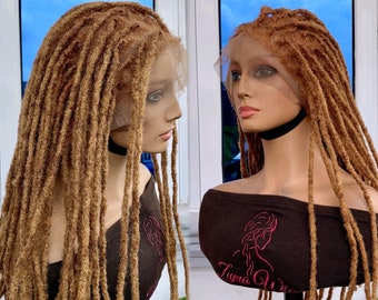 Human Hair Dreadlocks Wig, Light Brown Honey Blonde Mix, Full Lace Wig