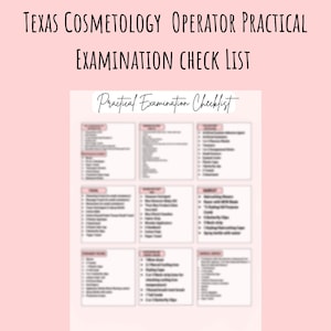 Puede incluir: Una lista de verificación para un examen práctico de operador de cosmetología en Texas. La lista de verificación está dividida en secciones con una lista de artículos para llevar al examen. El texto en la parte inferior de la lista de verificación dice "¡Comprueba que tienes tus suministros antes de ir al examen!"