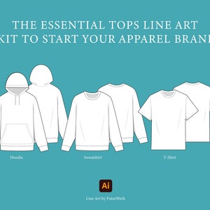 Può includere: Illustrazioni di linea di tre capi essenziali per la progettazione di abbigliamento: una felpa con cappuccio, una felpa e una t-shirt. Le illustrazioni sono in bianco su sfondo blu.