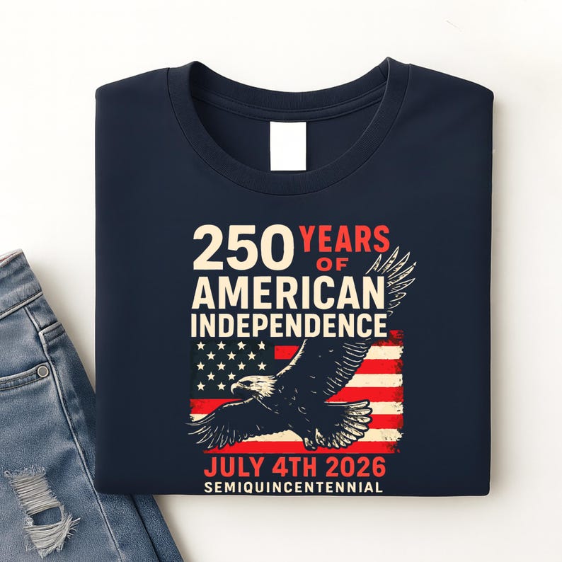 Navy Tshirt flat lay with 250 Years of American Independence patriotic design
