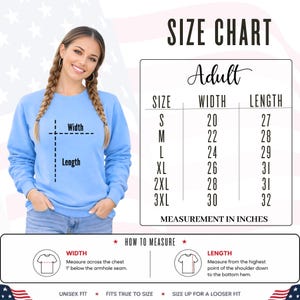 Adult size chart with measurements for America 250 Eagle sweatshirts