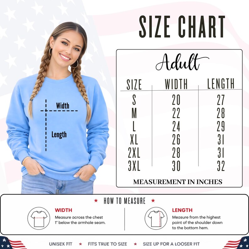Adult size chart with measurements for America 250 Eagle sweatshirts