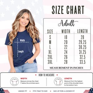 Adult unisex size chart for America 250 t-shirt