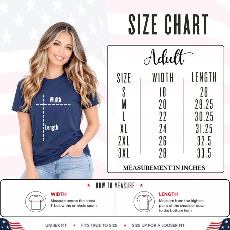 Adult unisex size chart for America 250 t-shirt