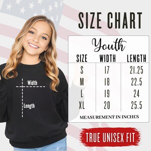Youth sweatshirt size chart for SLAY graphic crewneck, including size measurements for S, M, L, XL. Kids unisex fleece fit guide.