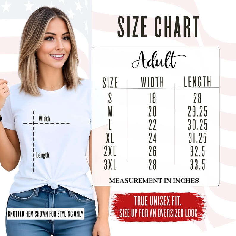 Adult unisex T-shirt size chart for SLAY shirt, detailed width and length measurements for S, M, L, XL, 2XL, 3XL. Fit guide for accurate sizing on graphic tees.