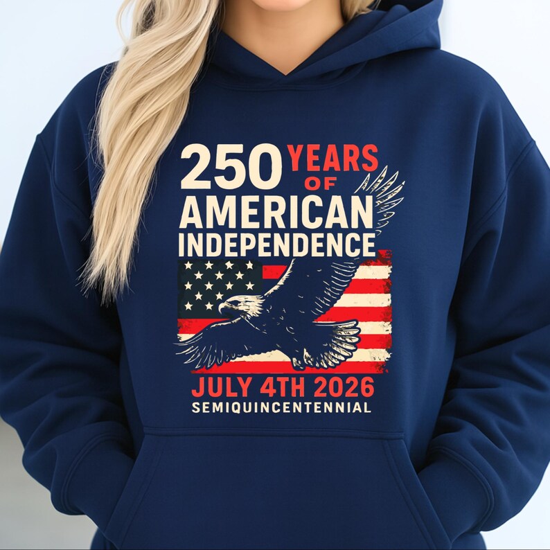 Women’s navy hoodie being worn with patriotic 250 Years of American Independence eagle design
