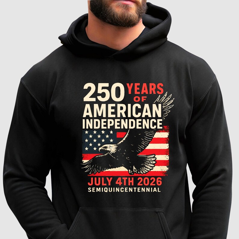 Black Men's hoodie being worn with 250 Years of American Independence eagle and flag patriotic design