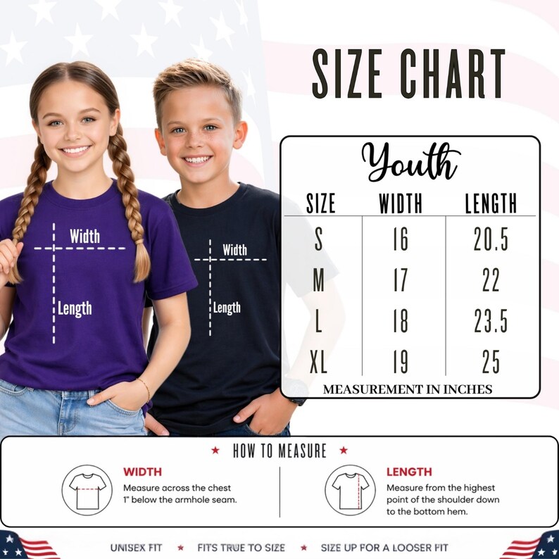 Youth size chart with measurements for America 250 Eagle Tshirt